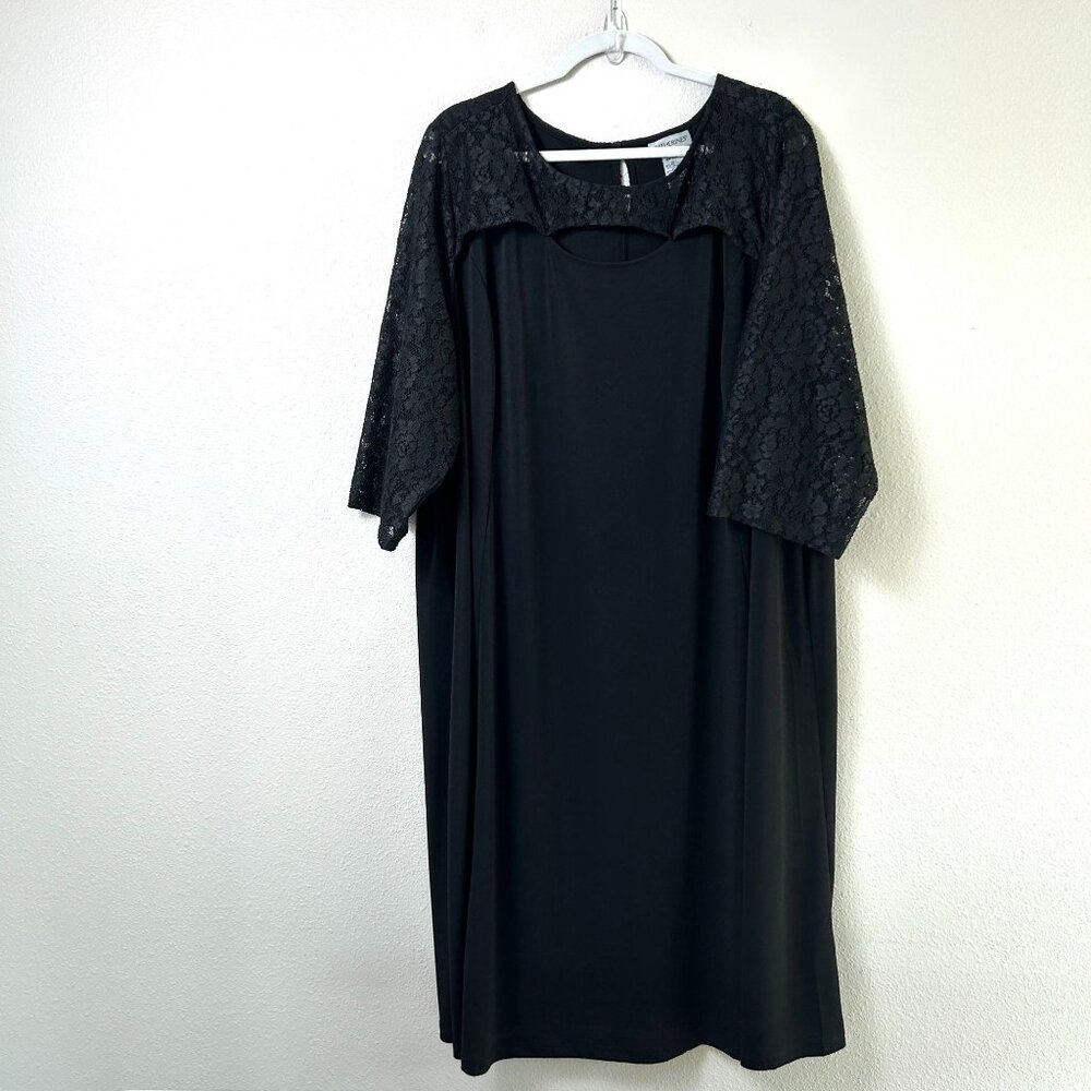 Catherines Shift Dress Size 3X Black Lace Elbow Sleeve Pullover Button Party